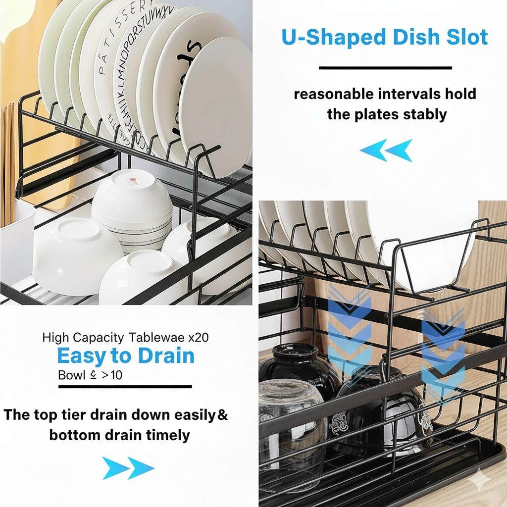 CARLA HOME 2-Tier Dish Drying Rack for Kitchen Counter with Removable Drip Tray, Utensil Holder and Cutlery Organizer (Black)-2050057500035780613