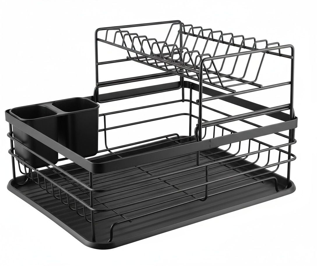 CARLA HOME 2-Tier Dish Drying Rack for Kitchen Counter with Removable Drip Tray, Utensil Holder and Cutlery Organizer (Black)-2050057500035780614