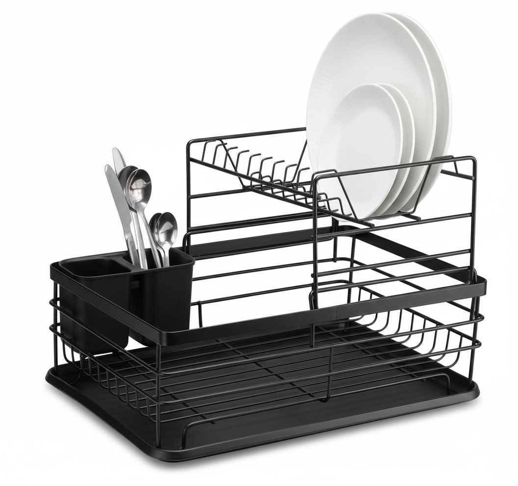 CARLA HOME 2-Tier Dish Drying Rack for Kitchen Counter with Removable Drip Tray, Utensil Holder and Cutlery Organizer (Black)-2050057500035780615