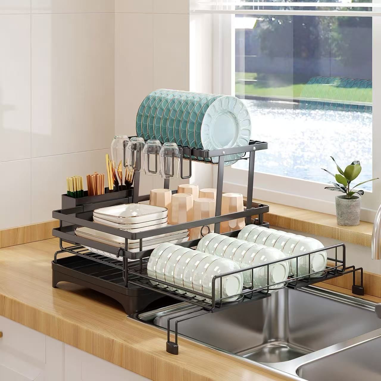 CARLA HOME Expandable Dish Drying Rack with Drainage Spout, Utensil Holder & Drainboardfor Kitchen Countertop Organizer (2 tier)-2050057501205991433
