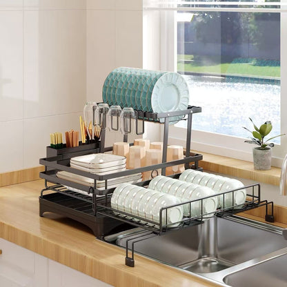 CARLA HOME Expandable Dish Drying Rack with Drainage Spout, Utensil Holder & Drainboardfor Kitchen Countertop Organizer (2 tier)-2050057501205991433