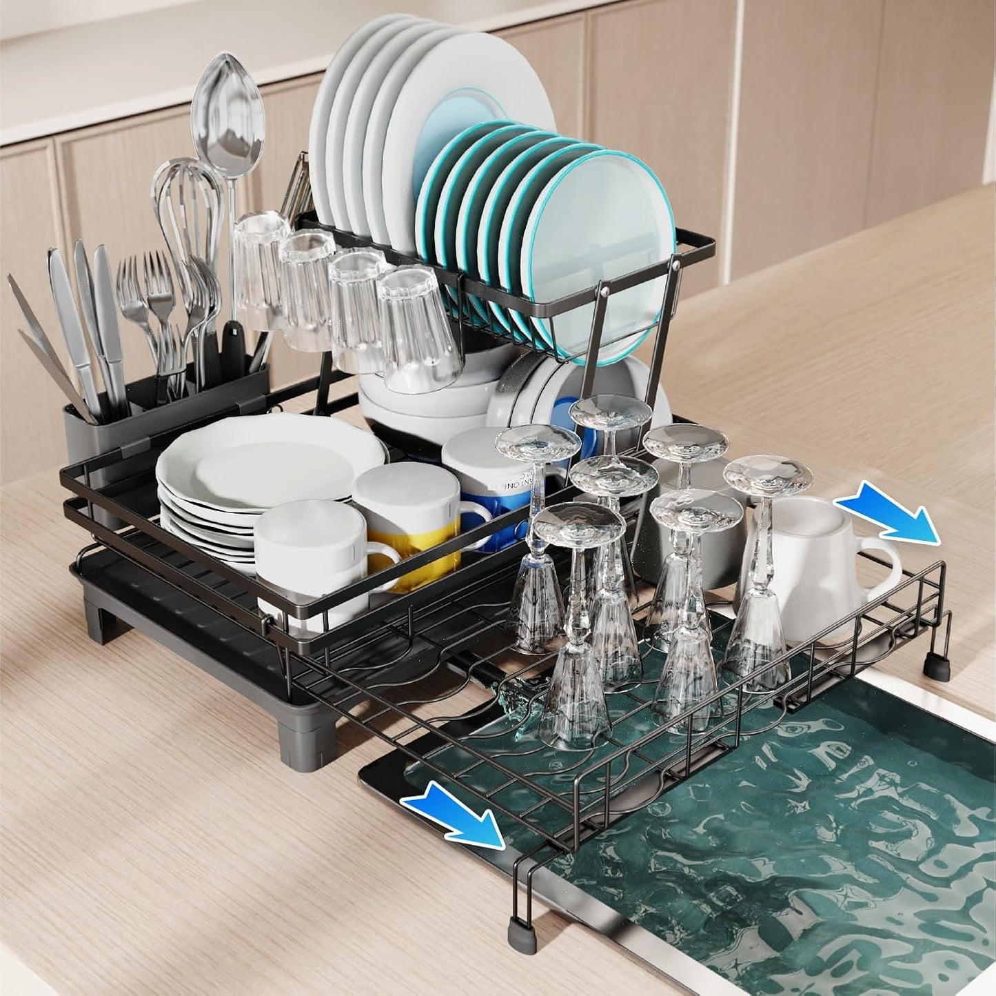 CARLA HOME Expandable Dish Drying Rack with Drainage Spout, Utensil Holder & Drainboardfor Kitchen Countertop Organizer (2 tier)-2050057501205991424