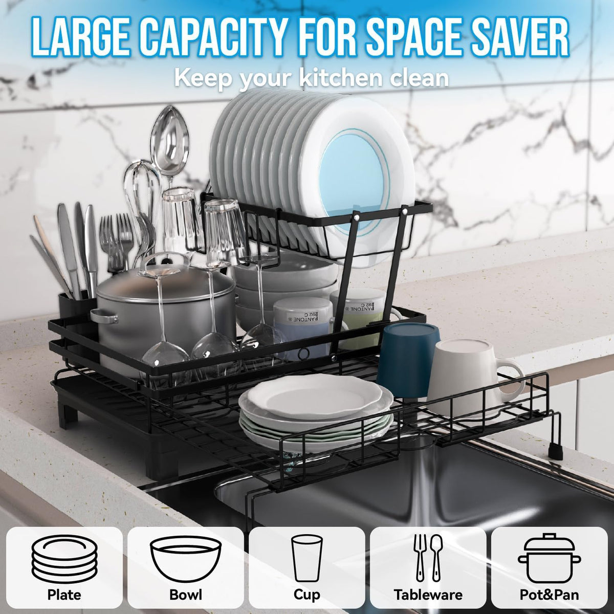 CARLA HOME Expandable Dish Drying Rack with Drainage Spout, Utensil Holder & Drainboardfor Kitchen Countertop Organizer (2 tier)-2050057501205991425