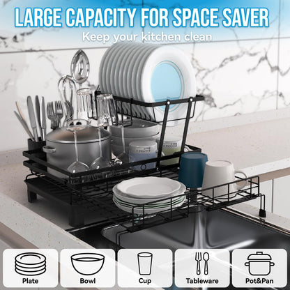 CARLA HOME Expandable Dish Drying Rack with Drainage Spout, Utensil Holder & Drainboardfor Kitchen Countertop Organizer (2 tier)-2050057501205991425