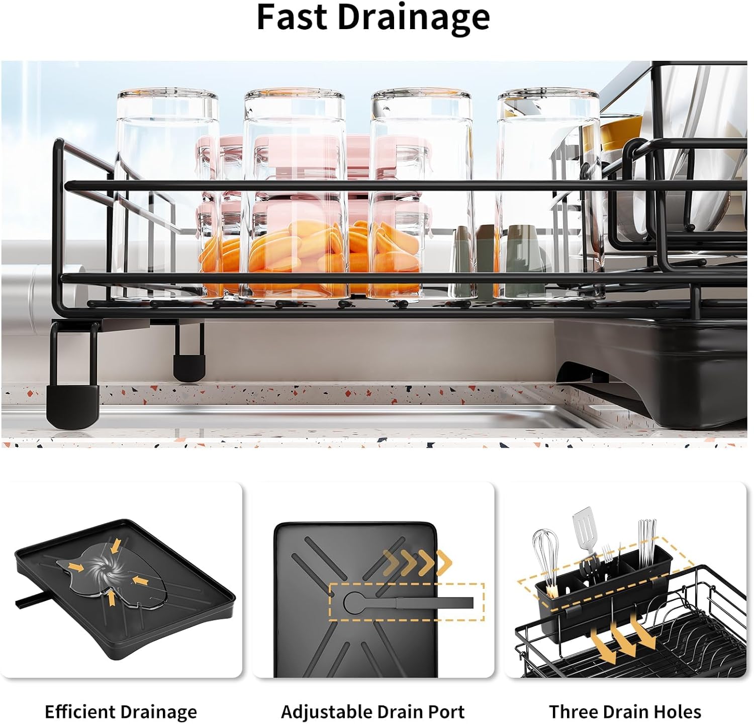 CARLA HOME Expandable Dish Drying Rack with Drainage Spout, Utensil Holder & Drainboardfor Kitchen Countertop Organizer (2 tier)-2050057501205991427