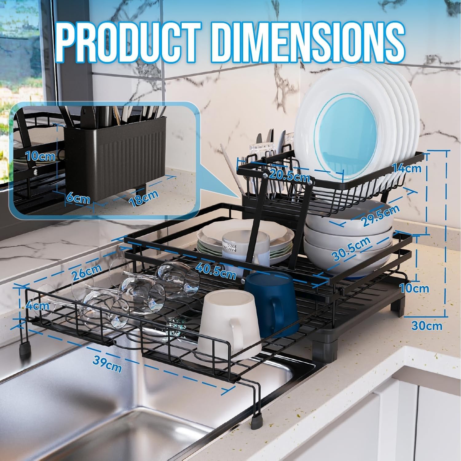 CARLA HOME Expandable Dish Drying Rack with Drainage Spout, Utensil Holder & Drainboardfor Kitchen Countertop Organizer (2 tier)-2050057501205991431