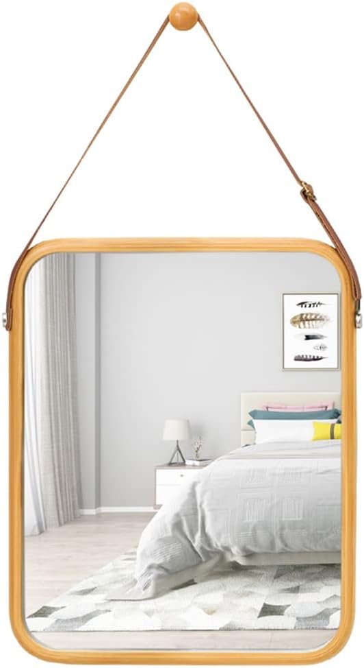 CARLA HOME Hanging Wall Mirror with Bamboo Frame with Adjustable Leather Strap for Bathroom, Bedroom, Vanity or Entryway (40x33 cm)-2050057505035390976