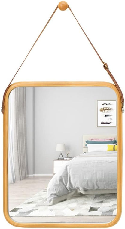 CARLA HOME Hanging Wall Mirror with Bamboo Frame with Adjustable Leather Strap for Bathroom, Bedroom, Vanity or Entryway (40x33 cm)-2050057505035390976
