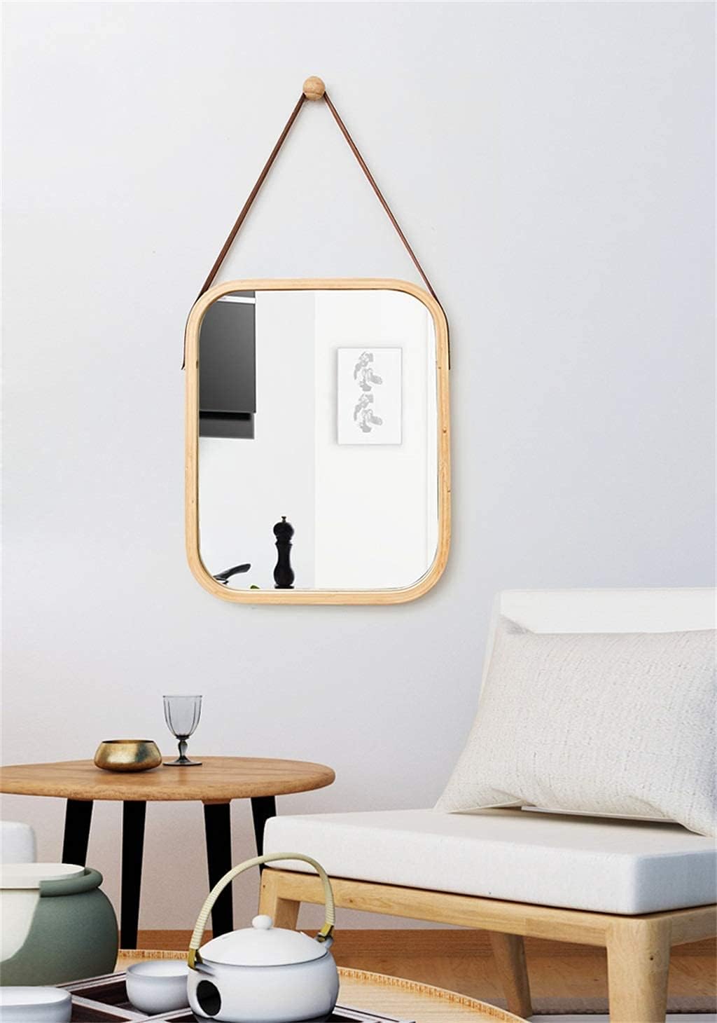 CARLA HOME Hanging Wall Mirror with Bamboo Frame with Adjustable Leather Strap for Bathroom, Bedroom, Vanity or Entryway (40x33 cm)-2050057505035390977