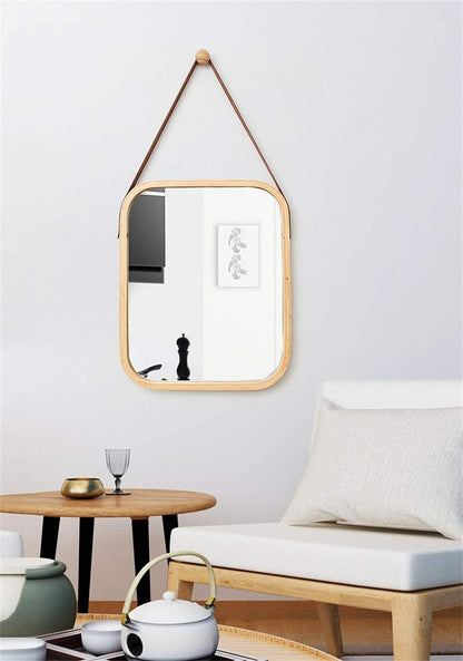 CARLA HOME Hanging Wall Mirror with Bamboo Frame with Adjustable Leather Strap for Bathroom, Bedroom, Vanity or Entryway (40x33 cm)-2050057505035390977