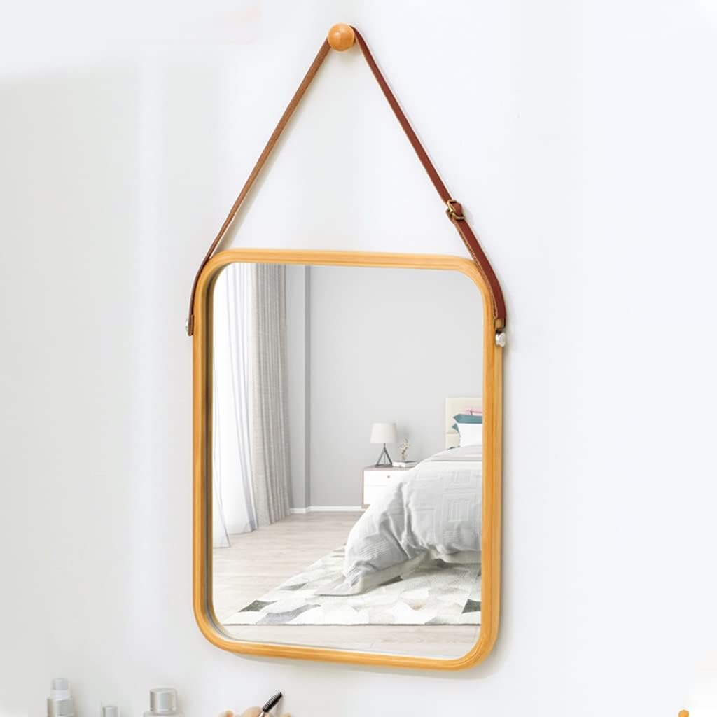 CARLA HOME Hanging Wall Mirror with Bamboo Frame with Adjustable Leather Strap for Bathroom, Bedroom, Vanity or Entryway (40x33 cm)-2050057505035390978