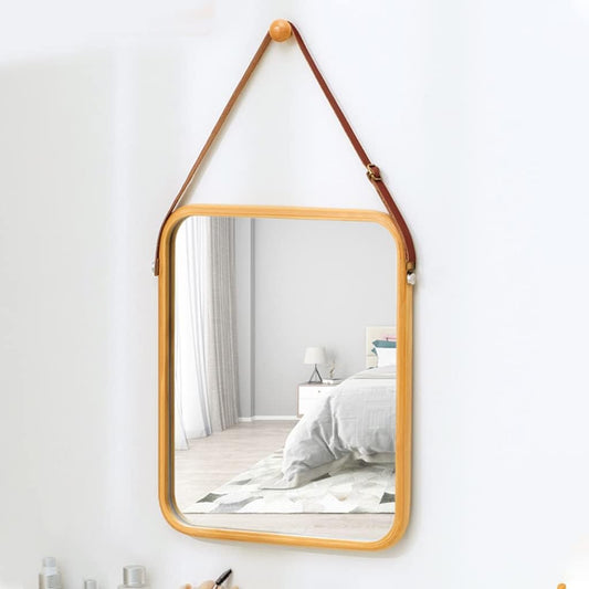 CARLA HOME Hanging Wall Mirror with Bamboo Frame with Adjustable Leather Strap for Bathroom, Bedroom, Vanity or Entryway (40x33 cm)-2050057505035390978