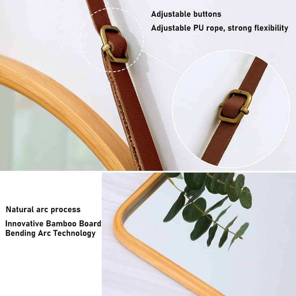 CARLA HOME Hanging Wall Mirror with Bamboo Frame with Adjustable Leather Strap for Bathroom, Bedroom, Vanity or Entryway (40x33 cm)-2050057505035390979