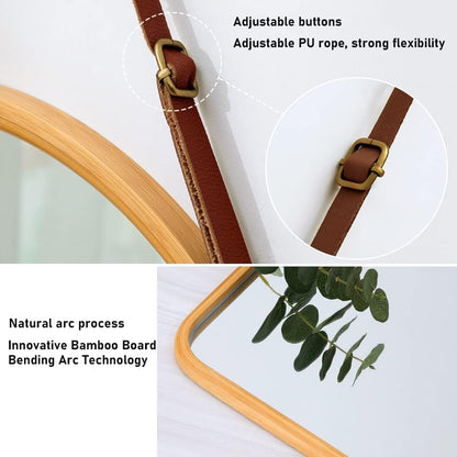 CARLA HOME Hanging Wall Mirror with Bamboo Frame with Adjustable Leather Strap for Bathroom, Bedroom, Vanity or Entryway (40x33 cm)-2050057505035390979