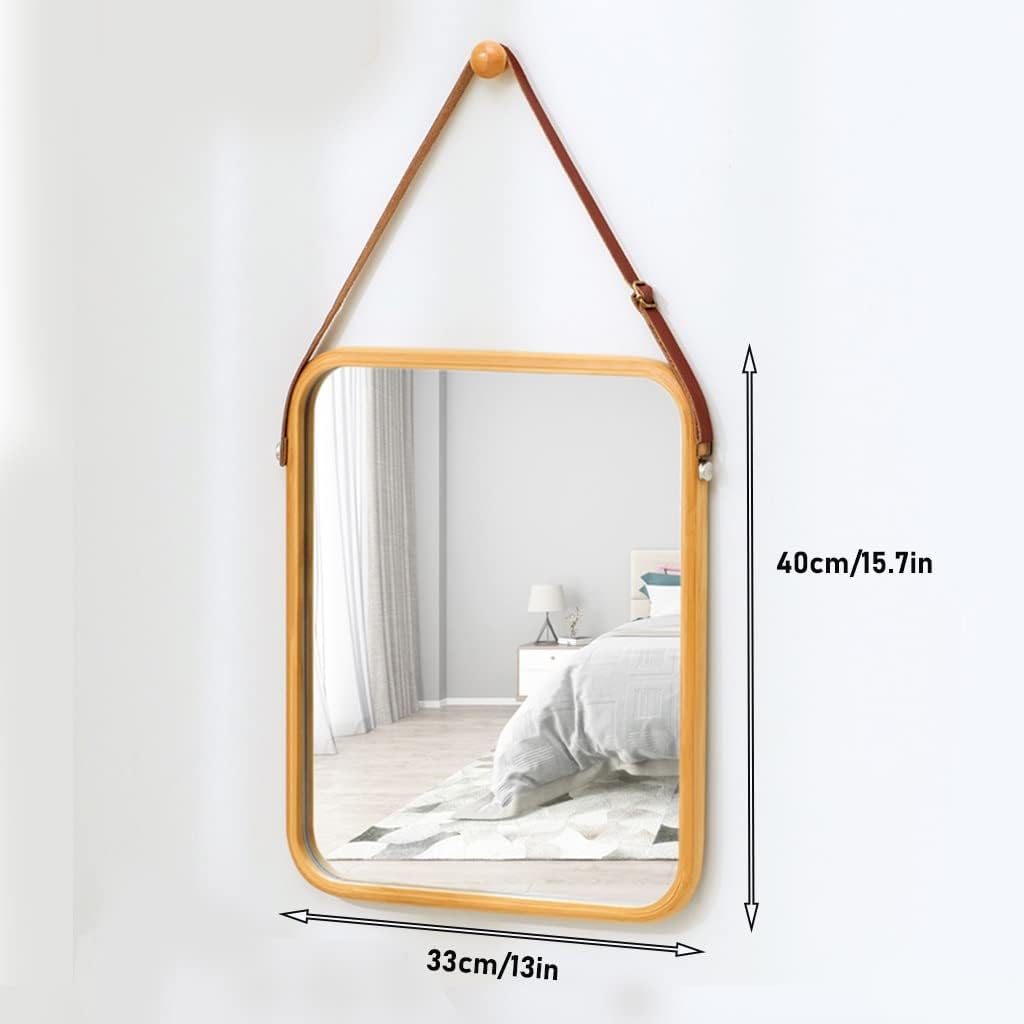 CARLA HOME Hanging Wall Mirror with Bamboo Frame with Adjustable Leather Strap for Bathroom, Bedroom, Vanity or Entryway (40x33 cm)-2050057505035390981