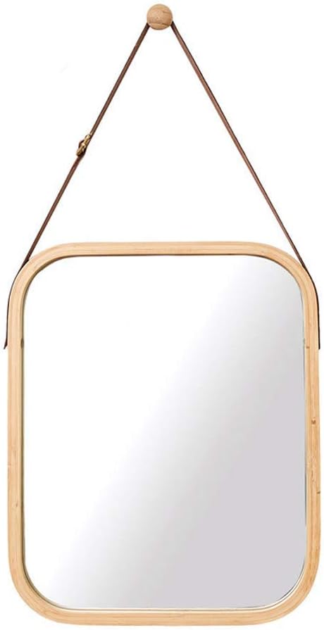 CARLA HOME Hanging Wall Mirror with Bamboo Frame with Adjustable Leather Strap for Bathroom, Bedroom, Vanity or Entryway (40x33 cm)-2050057505035390983