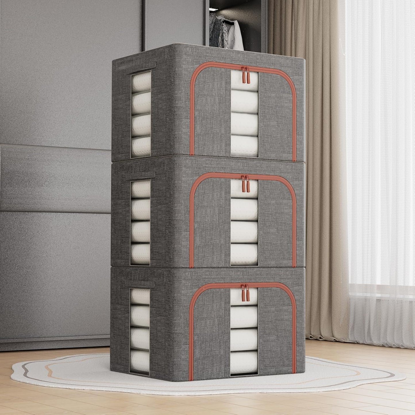 CARLA HOME 3 pack Large Clothes Storage Bins with Lids for Clothing, Bedding, Blankets, Toys (66L capacity - Grey)-2050057507010908160