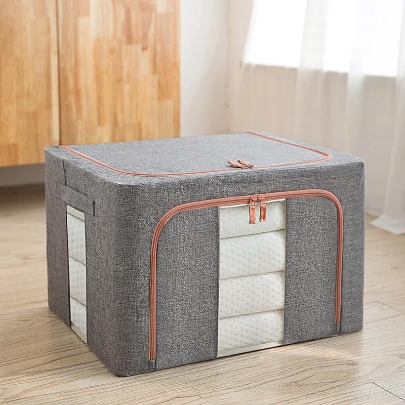 CARLA HOME 3 pack Large Clothes Storage Bins with Lids for Clothing, Bedding, Blankets, Toys (66L capacity - Grey)-2050057507010908168