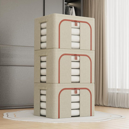 CARLA HOME 3 pack Large Clothes Storage Bins with Lids for Clothing, Bedding, Blankets, Toys (66L capacity - Beige)-2050057507174486016