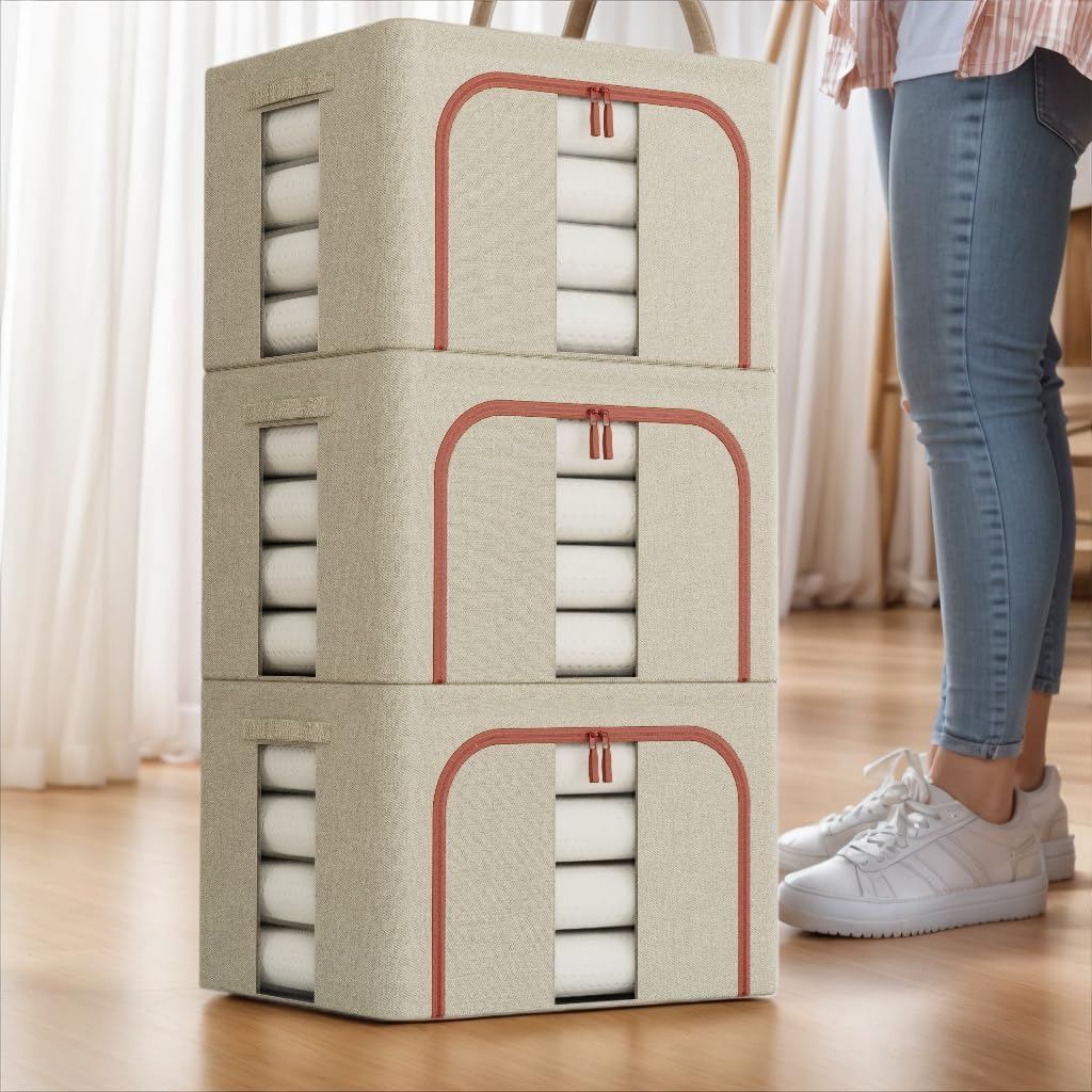 CARLA HOME 3 pack Large Clothes Storage Bins with Lids for Clothing, Bedding, Blankets, Toys (66L capacity - Beige)-2050057507174486018