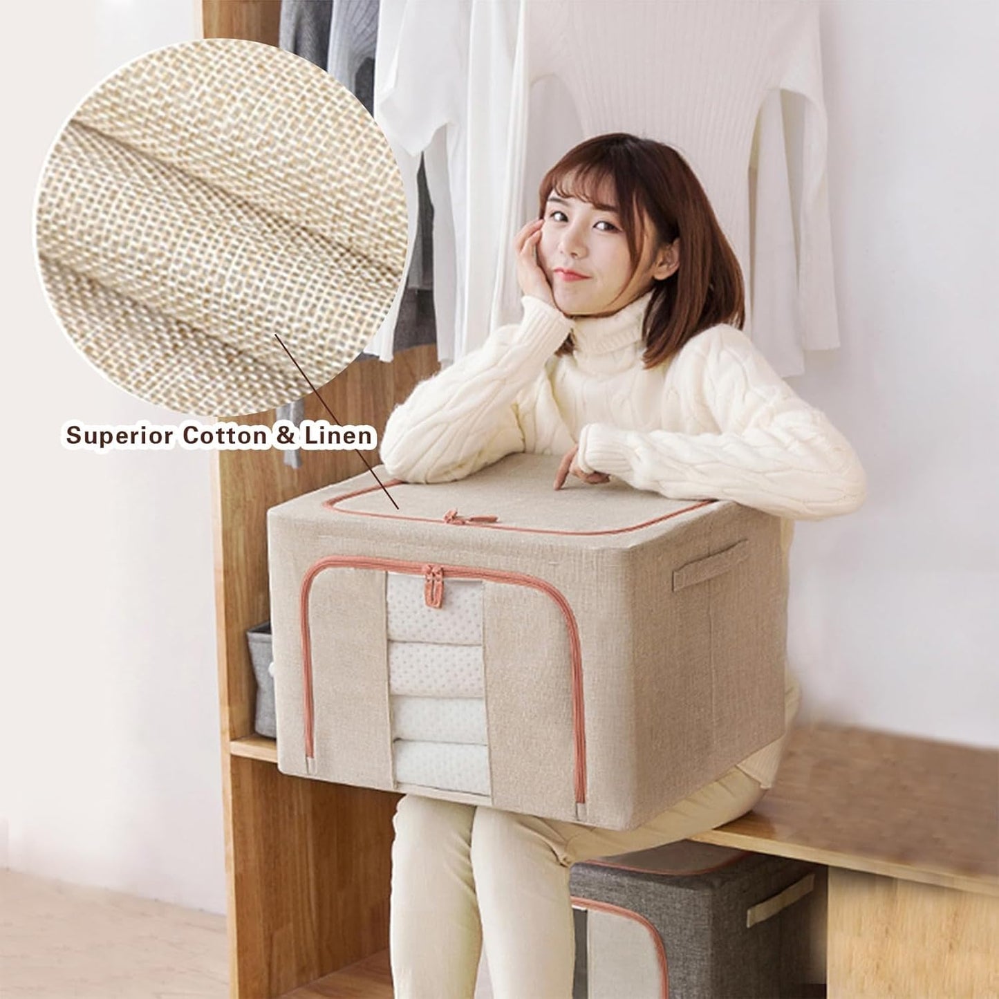 CARLA HOME 3 pack Large Clothes Storage Bins with Lids for Clothing, Bedding, Blankets, Toys (66L capacity - Beige)-2050057507174486021