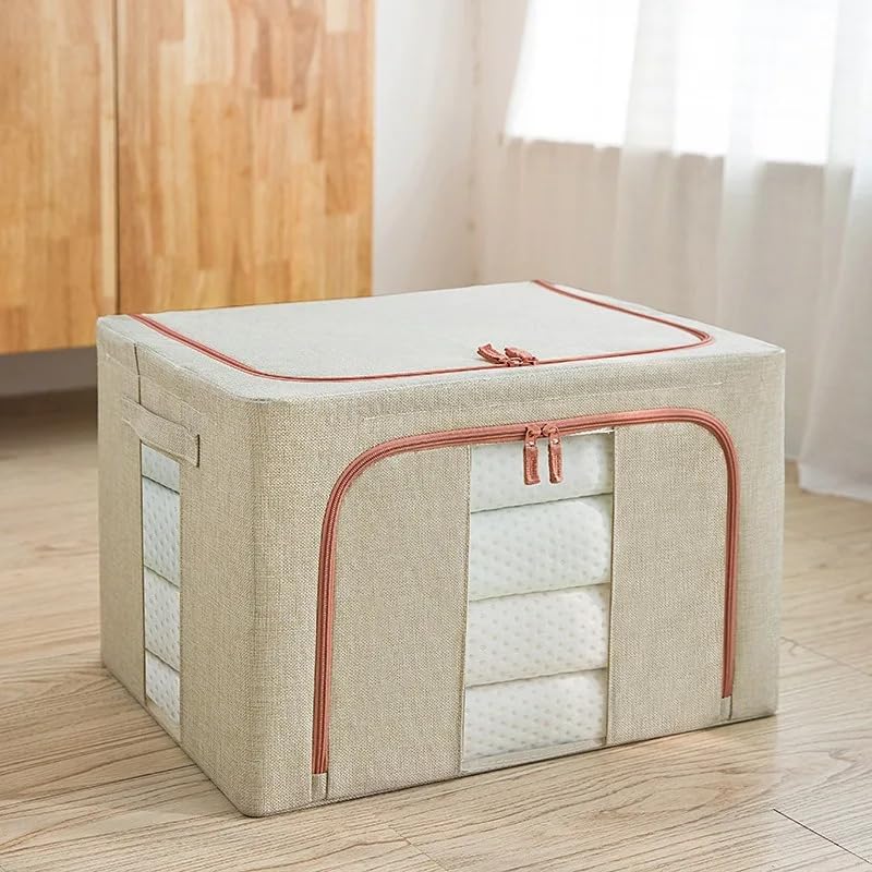 CARLA HOME 3 pack Large Clothes Storage Bins with Lids for Clothing, Bedding, Blankets, Toys (66L capacity - Beige)-2050057507174486024