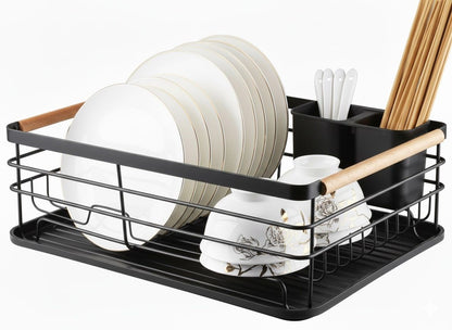 CARLA HOME Dish Drying Rack with Wooden Handles, Removable Cutlery Holder & Drainboard for Kitchen Countertop-2050057509401661440