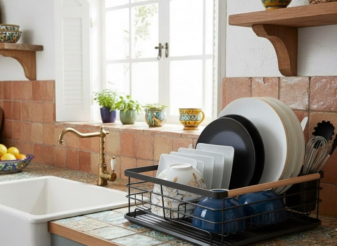 CARLA HOME Dish Drying Rack with Wooden Handles, Removable Cutlery Holder & Drainboard for Kitchen Countertop-2050057509401661441