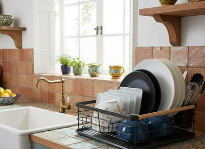 CARLA HOME Dish Drying Rack with Wooden Handles, Removable Cutlery Holder & Drainboard for Kitchen Countertop-2050057509401661441