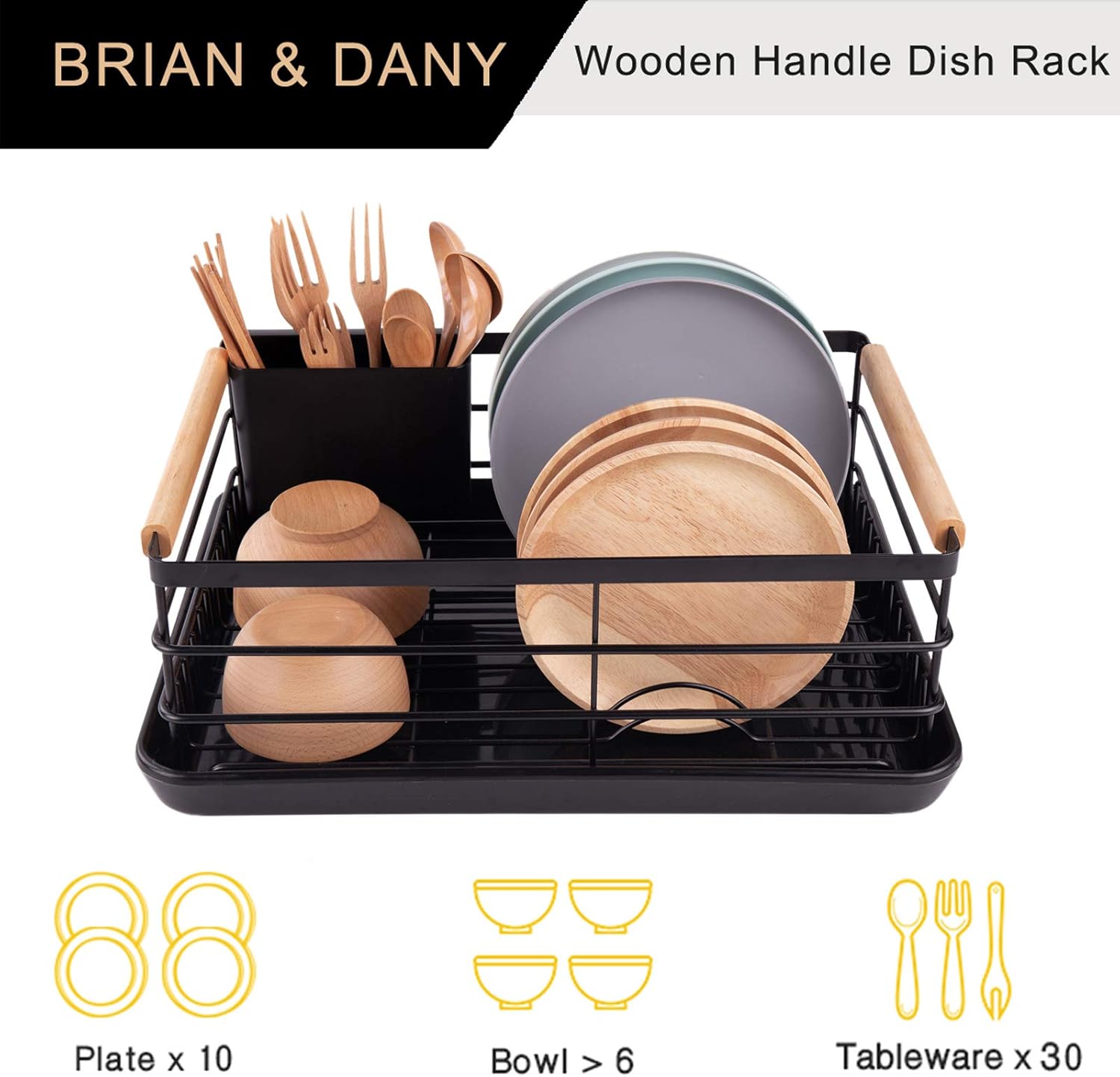 CARLA HOME Dish Drying Rack with Wooden Handles, Removable Cutlery Holder & Drainboard for Kitchen Countertop-2050057509401661444