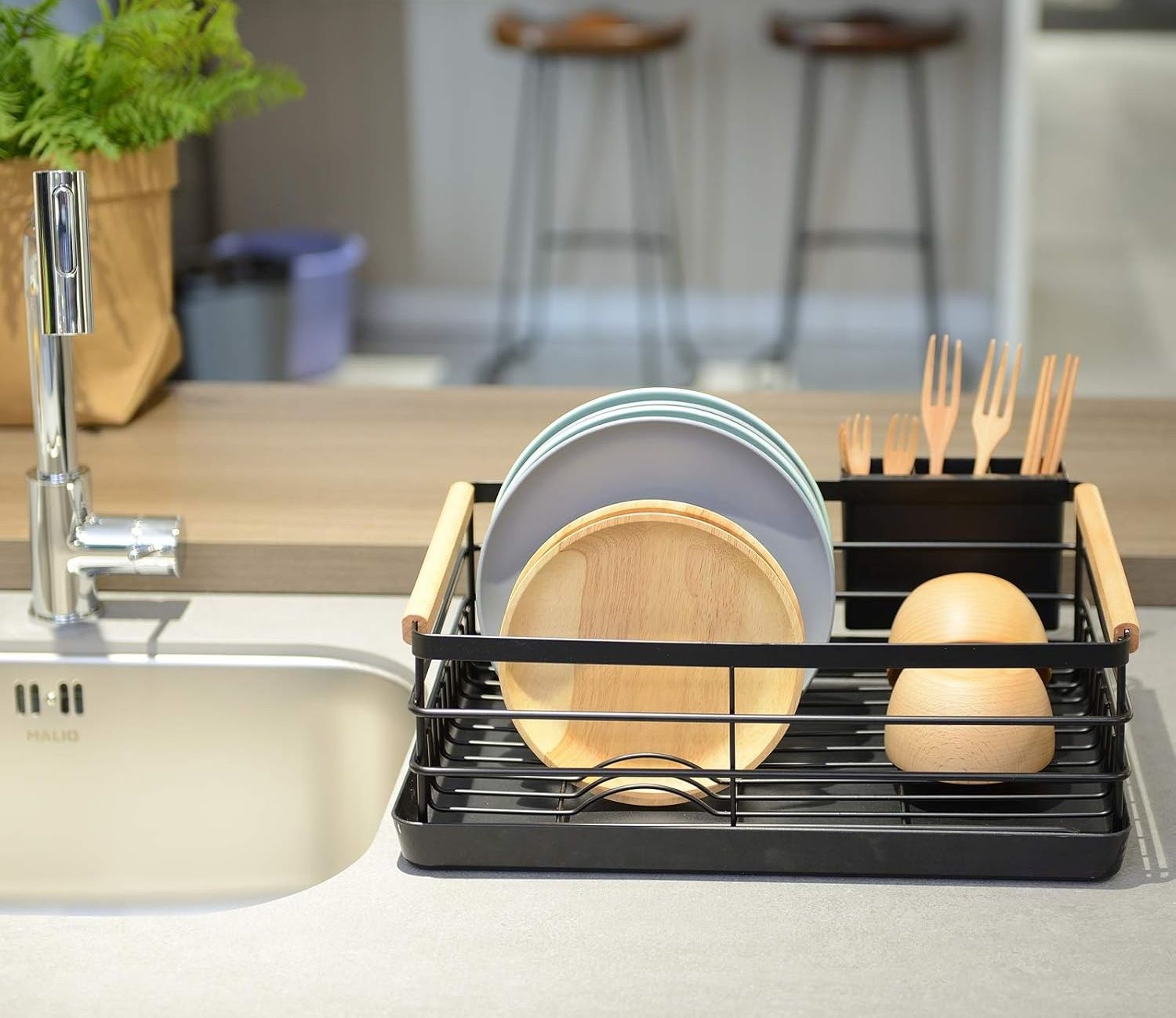 CARLA HOME Dish Drying Rack with Wooden Handles, Removable Cutlery Holder & Drainboard for Kitchen Countertop-2050057509401661445