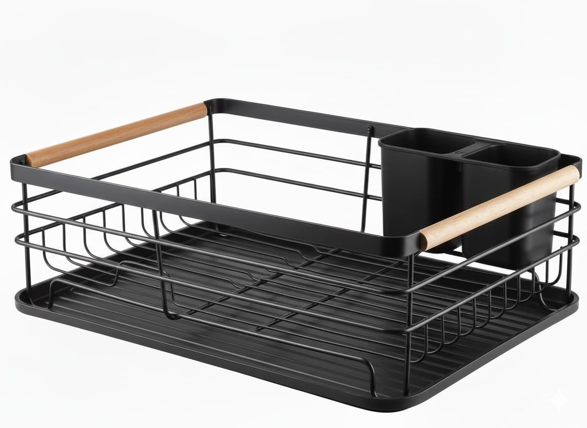 CARLA HOME Dish Drying Rack with Wooden Handles, Removable Cutlery Holder & Drainboard for Kitchen Countertop-2050057509401661446