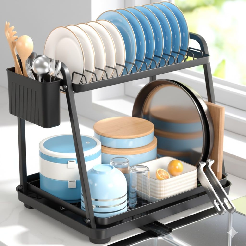 CARLA HOME 2-Tier Dish Drying Rack for Kitchen Countertop with Drainage Tray, Utensil Holder, Cutting Board Slot & Cup Hooks-2050057509548462080