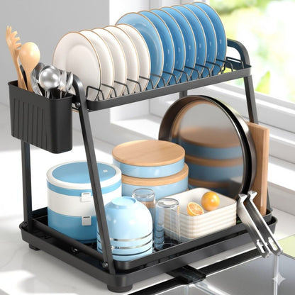 CARLA HOME 2-Tier Dish Drying Rack for Kitchen Countertop with Drainage Tray, Utensil Holder, Cutting Board Slot & Cup Hooks-2050057509548462080