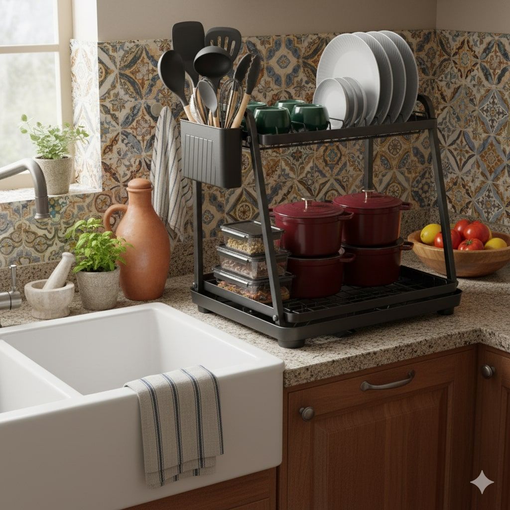 CARLA HOME 2-Tier Dish Drying Rack for Kitchen Countertop with Drainage Tray, Utensil Holder, Cutting Board Slot & Cup Hooks-2050057509548462081