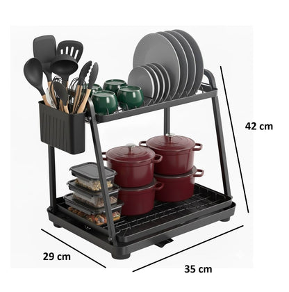 CARLA HOME 2-Tier Dish Drying Rack for Kitchen Countertop with Drainage Tray, Utensil Holder, Cutting Board Slot & Cup Hooks-2050057509548462084