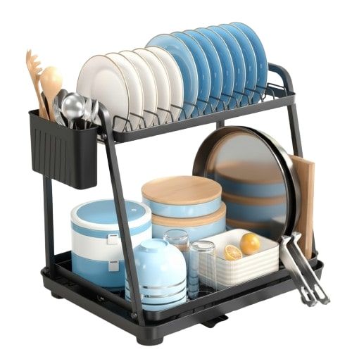 CARLA HOME 2-Tier Dish Drying Rack for Kitchen Countertop with Drainage Tray, Utensil Holder, Cutting Board Slot & Cup Hooks-2050057509548462085