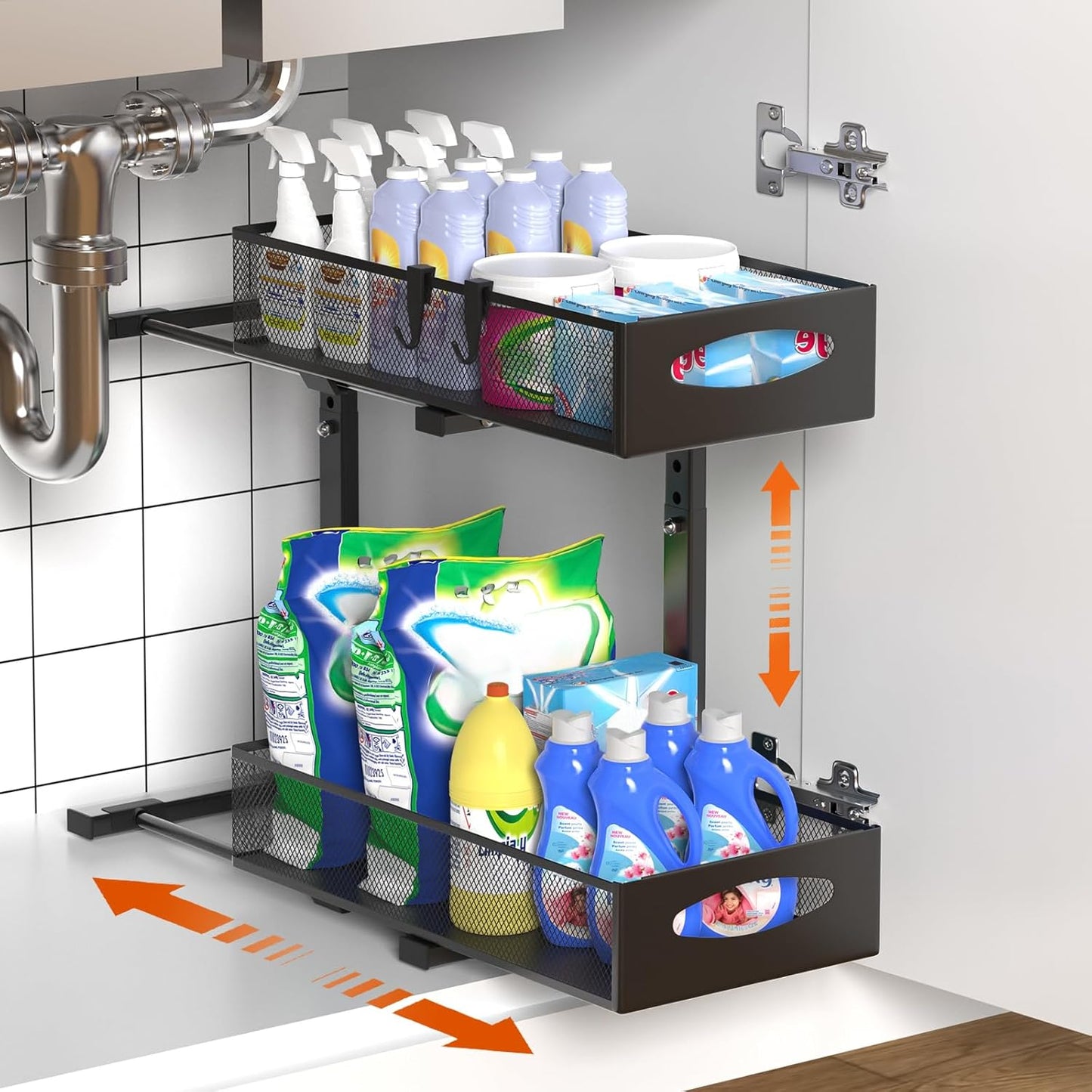 CARLA HOME 2 Tier Under Sink Organizer Pull Out Sliding Cabinet Storage Shelf with Height Adjustable for Kitchen, Bathroom or Laundry Room (Black)-2050057510022418432