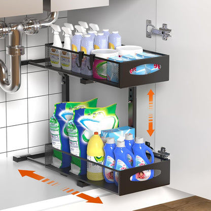 CARLA HOME 2 Tier Under Sink Organizer Pull Out Sliding Cabinet Storage Shelf with Height Adjustable for Kitchen, Bathroom or Laundry Room (Black)-2050057510022418432
