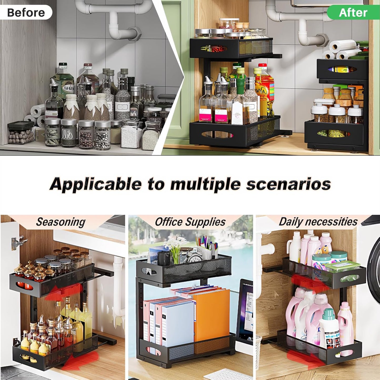 CARLA HOME 2 Tier Under Sink Organizer Pull Out Sliding Cabinet Storage Shelf with Height Adjustable for Kitchen, Bathroom or Laundry Room (Black)-2050057510022418433