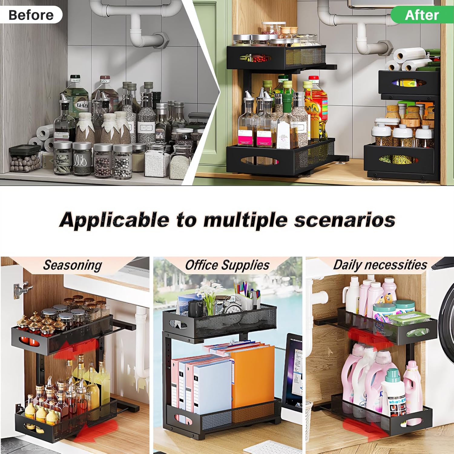 CARLA HOME 2 Tier Under Sink Organizer Pull Out Sliding Cabinet Storage Shelf with Height Adjustable for Kitchen, Bathroom or Laundry Room (Black)-2050057510022418433
