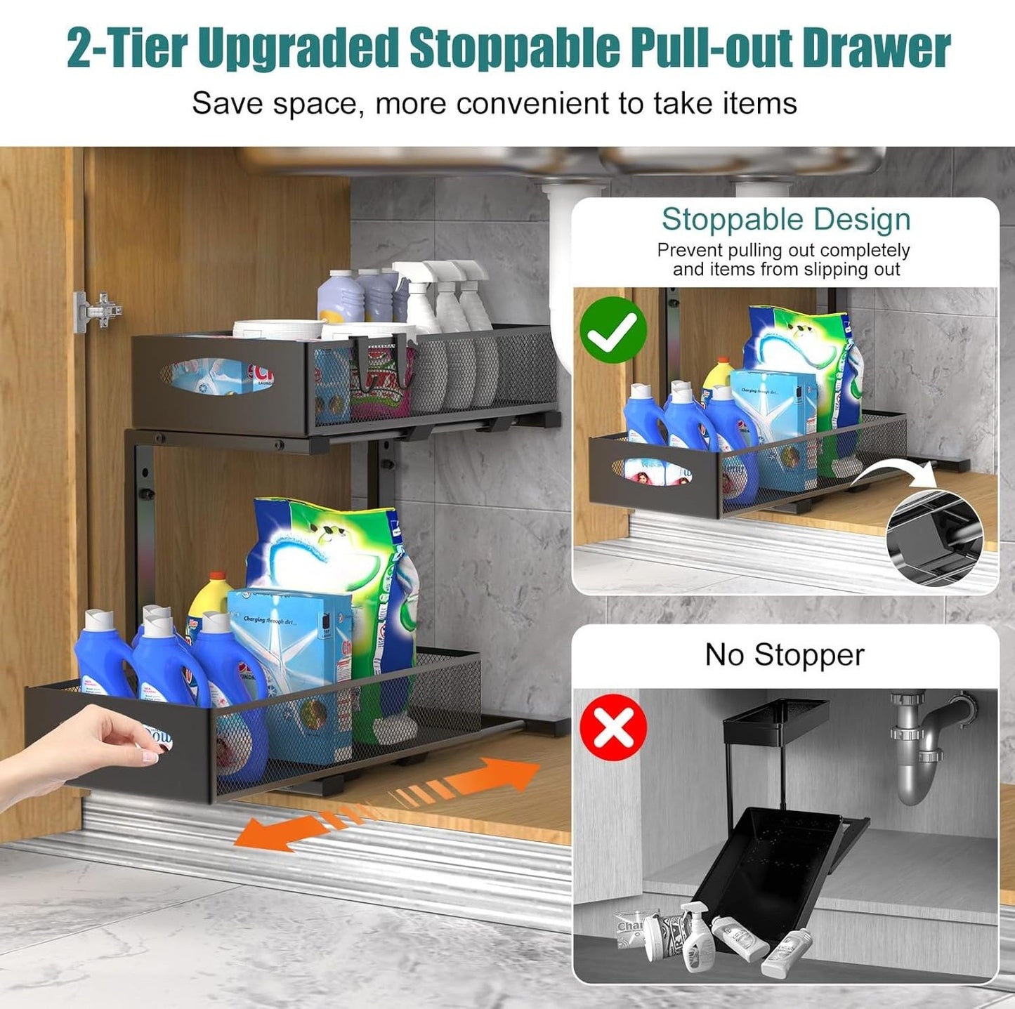 CARLA HOME 2 Tier Under Sink Organizer Pull Out Sliding Cabinet Storage Shelf with Height Adjustable for Kitchen, Bathroom or Laundry Room (Black)-2050057510022418434