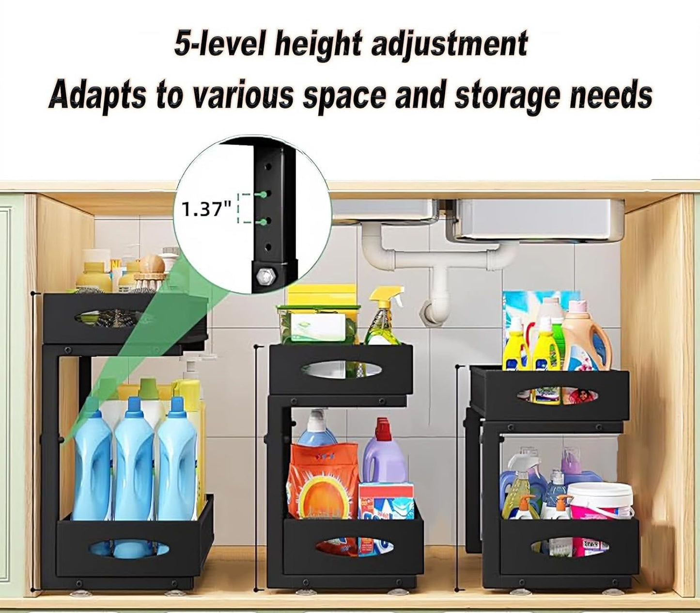 CARLA HOME 2 Tier Under Sink Organizer Pull Out Sliding Cabinet Storage Shelf with Height Adjustable for Kitchen, Bathroom or Laundry Room (Black)-2050057510022418435