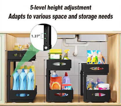 CARLA HOME 2 Tier Under Sink Organizer Pull Out Sliding Cabinet Storage Shelf with Height Adjustable for Kitchen, Bathroom or Laundry Room (Black)-2050057510022418435