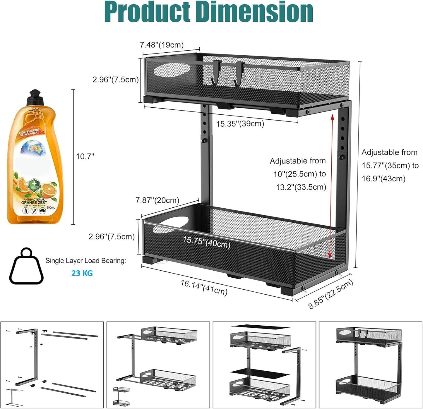 CARLA HOME 2 Tier Under Sink Organizer Pull Out Sliding Cabinet Storage Shelf with Height Adjustable for Kitchen, Bathroom or Laundry Room (Black)-2050057510022418437