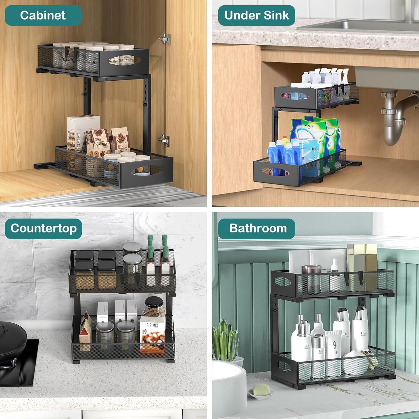 CARLA HOME 2 Tier Under Sink Organizer Pull Out Sliding Cabinet Storage Shelf with Height Adjustable for Kitchen, Bathroom or Laundry Room (Black)-2050057510022418438