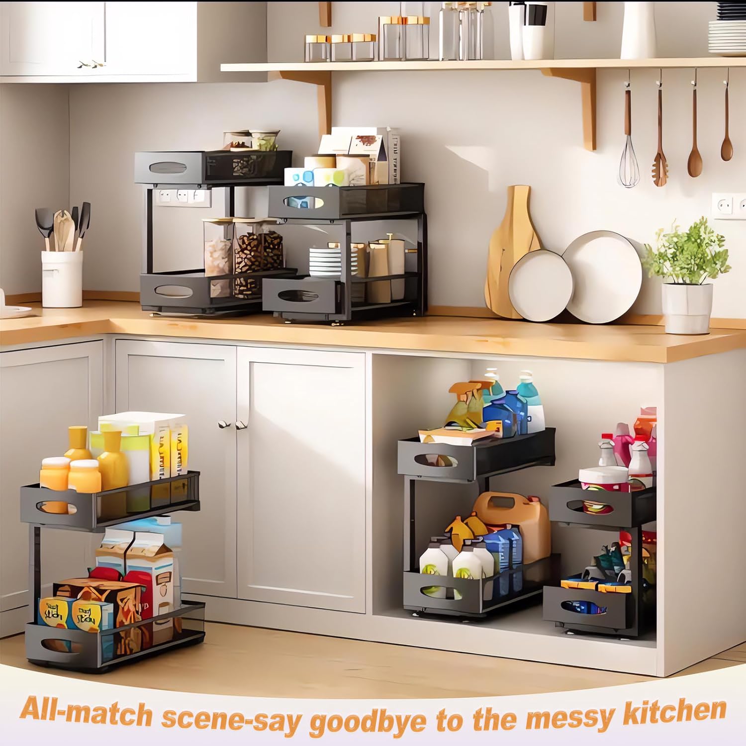 CARLA HOME 2 Tier Under Sink Organizer Pull Out Sliding Cabinet Storage Shelf with Height Adjustable for Kitchen, Bathroom or Laundry Room (Black)-2050057510022418439