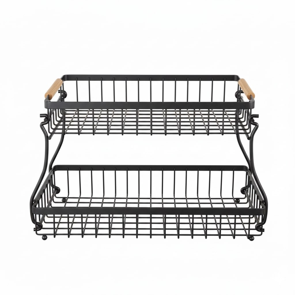 CARLA HOME 2-Tier Fruit Basket Metal Storage Bowl Kitchen Counter Organizer with Handles for Fruits, Vegetables, Snacks & Bread-2050057510500569097