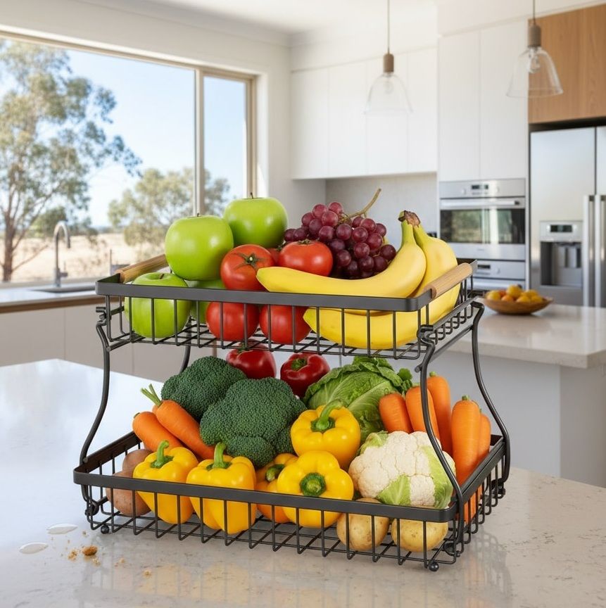 CARLA HOME 2-Tier Fruit Basket Metal Storage Bowl Kitchen Counter Organizer with Handles for Fruits, Vegetables, Snacks & Bread-2050057510500569088