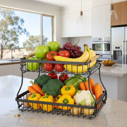 CARLA HOME 2-Tier Fruit Basket Metal Storage Bowl Kitchen Counter Organizer with Handles for Fruits, Vegetables, Snacks & Bread-2050057510500569088